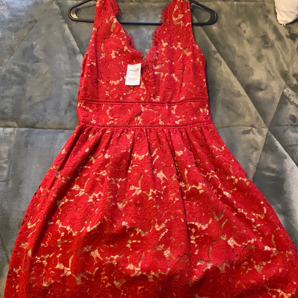 Red and nude lace dress